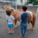 Deux enfants de l'école maternelle de La Prade caressent un poney brun
