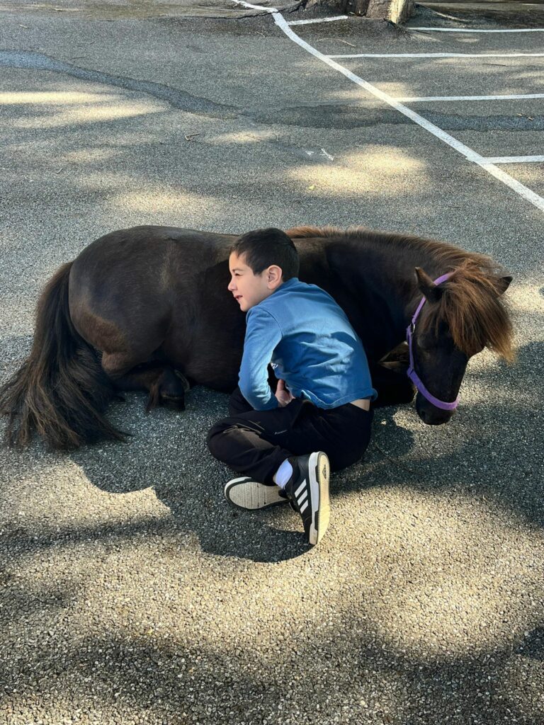Un enfant de l'UEma est allongé contre un poney brun couché au sol