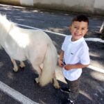 Un enfant de l'UEma souriant près d'un poney blanc