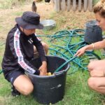 Un jeune et une professionnelle nettoient les pommes de terre dans un grand seau noir à l'aide d'un tuyau d'arrosage