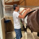 Un jeune homme selle un cheval