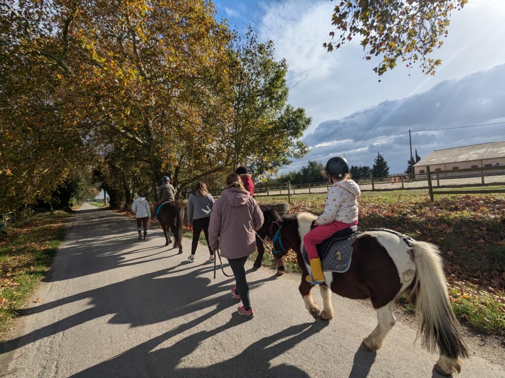 Les encadrants, à pied, accompagnent les enfants sur les poneys