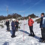 5 personnes en raquettes dans un paysage enneigé